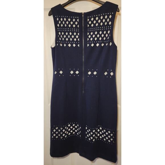 S.L. Fashions Lattice Cut Navy Blue & White Sleeveless Knee Length Dress Sz 12 - Picture 2 of 6